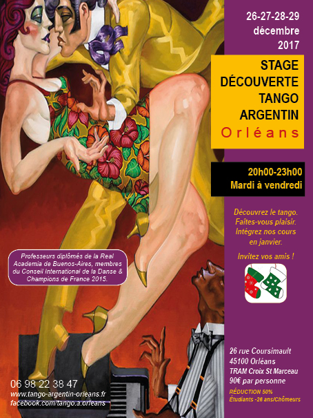 3 heures de cours chaque soir du mardi au jeudi, puis une belle milonga (bal) des confiseurs le vendredi soir. A Orléans. Pour découvrir et se faire plaisir, pour partager entre amis, pour réviser ses bases de tango si l'on vient de démarrer en septembre, ou encore pour intégrer nos cours en janvier si on le souhaite.